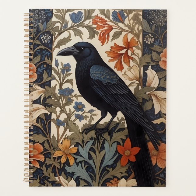 Elegant Black Raven William Morris Inspired Floral Planner (Front)