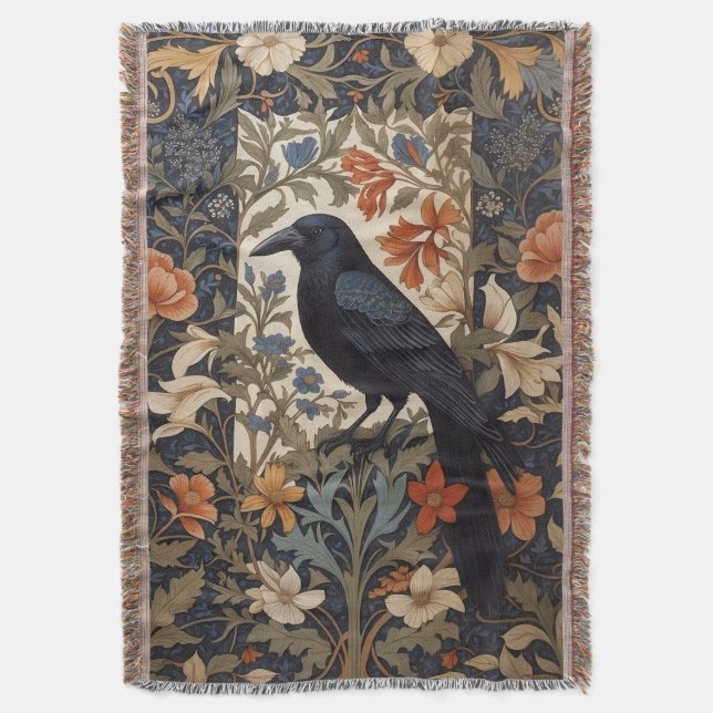 Elegant Black Raven William Morris Inspired Floral Throw Blanket (Front Vertical)