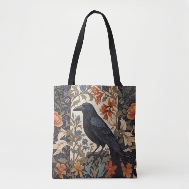 Elegant Black Raven William Morris Inspired Floral Tote Bag (Front)