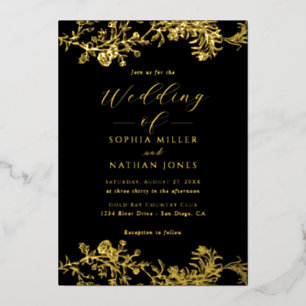 Elegant Black Real Gold Foil Floral Lace Wedding 