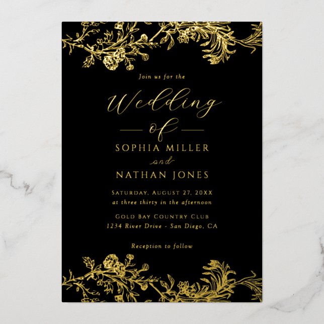 Elegant Black Real Gold Foil Floral Lace Wedding  (Front)