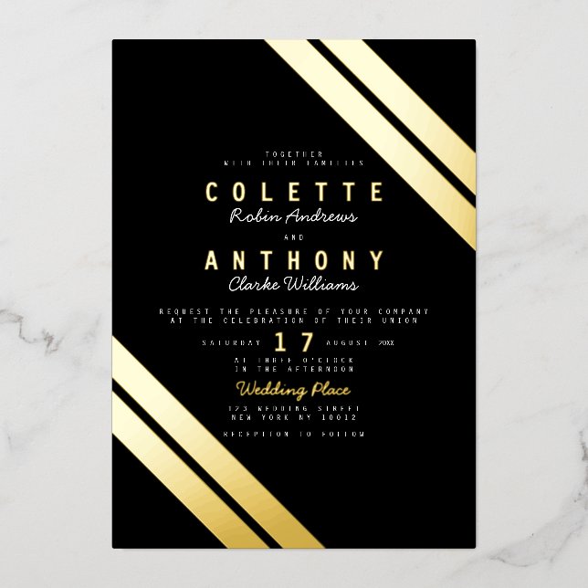 Elegant black real gold modern stripes wedding (Front)