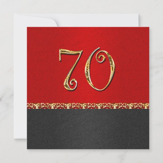 Elegant black red 70th gold party invitation (Front)