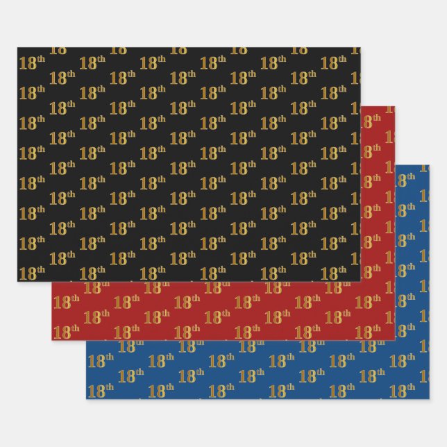 Elegant Black, Red, Blue, Faux Gold 18th Event # Wrapping Paper Sheet (Set)