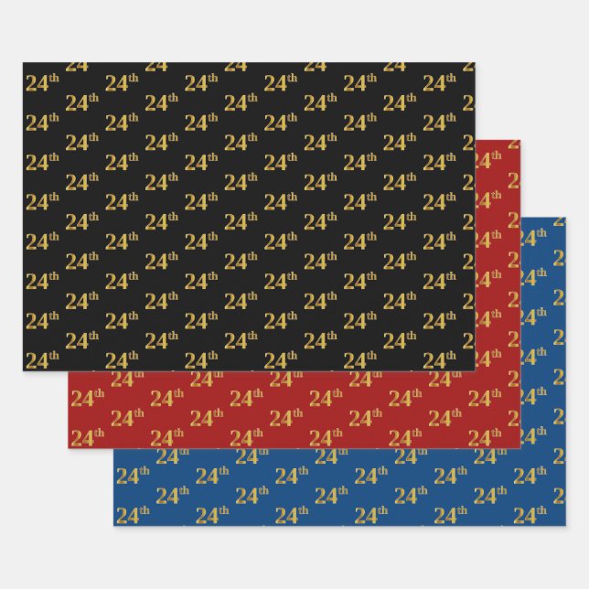 Elegant Black, Red, Blue, Faux Gold 24th Event # Wrapping Paper Sheet (Set)