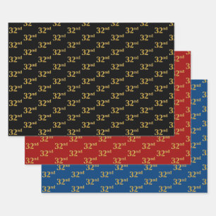 Elegant Black, Red, Blue, Faux Gold 32nd Event # Wrapping Paper Sheet