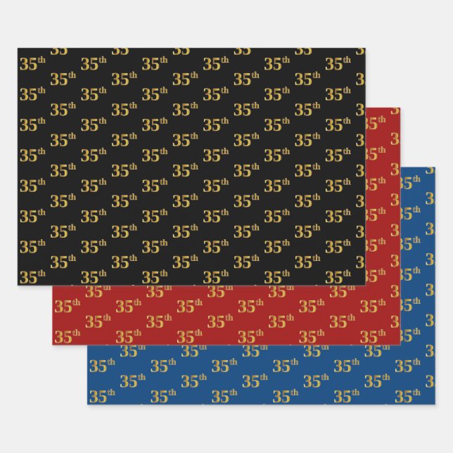 Elegant Black, Red, Blue, Faux Gold 35th Event # Wrapping Paper Sheet (Set)