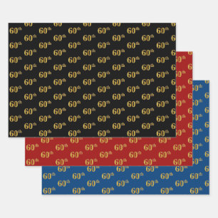Elegant Black, Red, Blue, Faux Gold 60th Event # Wrapping Paper Sheet