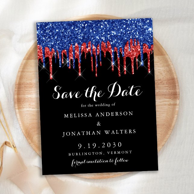 Elegant Black Red Blue Glitter Drips Save The Date Postcard (Creator Uploaded)