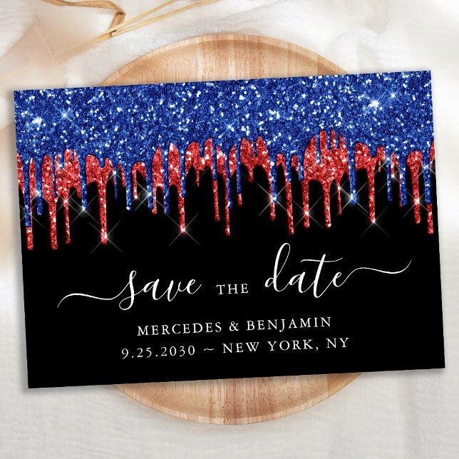 Elegant Black Red Blue Glitter Drips Wedding Save The Date (Creator Uploaded)