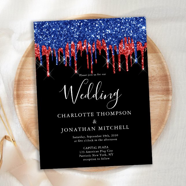 Elegant Black Red Blue Glitter Patriotic Wedding Invitation Postcard (Creator Uploaded)