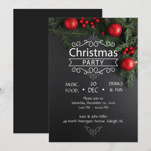 Elegant Black & Red Christmas Party Invitation (Front/Back)