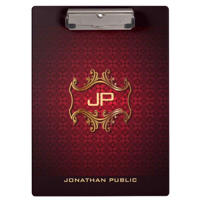 Elegant Black Red Damask Monogram Classic Template Clipboard (Front)
