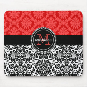 Elegant Black Red Damask Personalised Mouse Mat