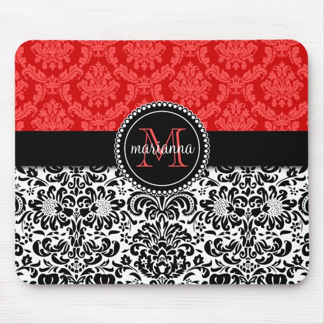Elegant Black Red Damask Personalised Mouse Mat (Front)
