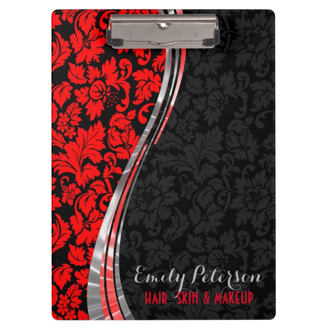Elegant Black & Red Damasks With Silver Accents Clipboard (Front)