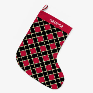 Elegant Black & Red Diamond Pattern Large Christmas Stocking
