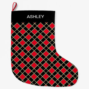 Elegant Black & Red Diamond Pattern Large Christmas Stocking