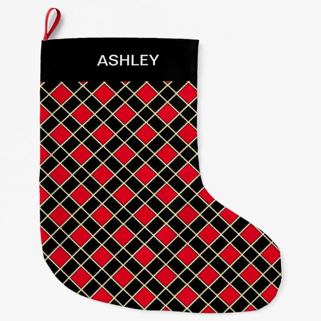 Elegant Black & Red Diamond Pattern Large Christmas Stocking (Front)