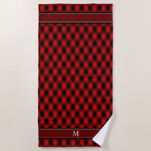 Elegant Black Red Diamond Pattern & Monogram Beach Towel