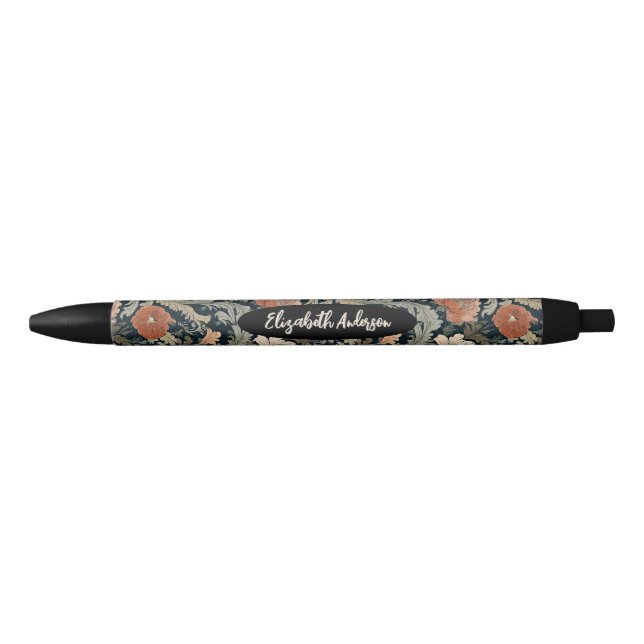 Elegant Black Red Floral Monogram Ink Pen (Front)