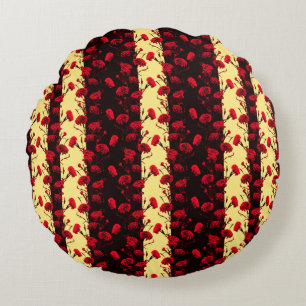 Elegant Black Red Floral Pattern Carnation Stripes Round Cushion