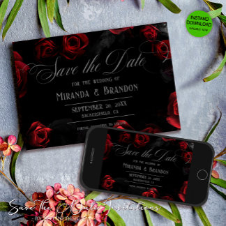 Elegant Black Red Floral Save The Date Invitation