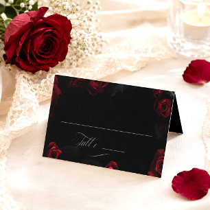 Elegant Black Red Floral Wedding Place Card