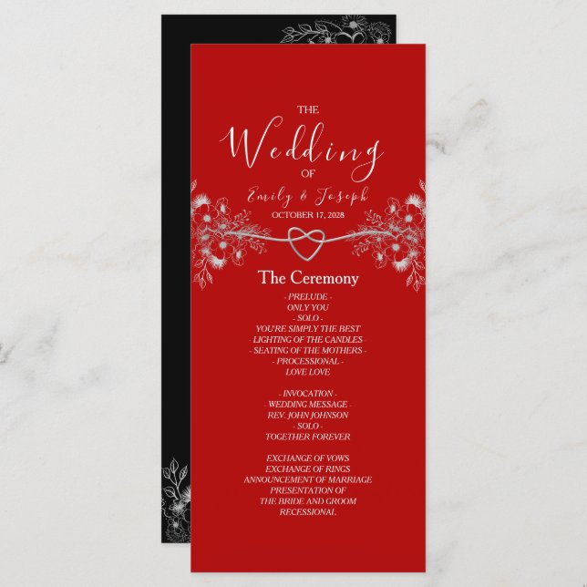Elegant Black Red Floral Wedding Programme (Front/Back)