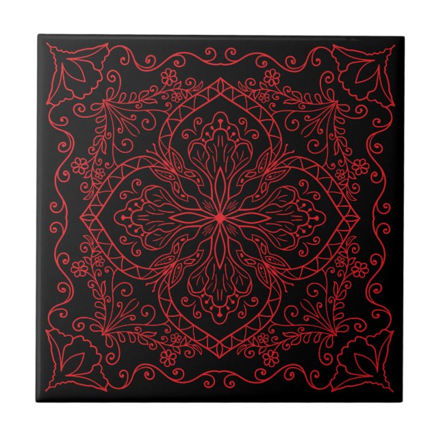 Elegant Black Red Flowers Butterfly Decorative Tile (Front)