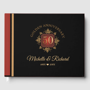 Elegant Black Red Gold 50th Anniversary Guest Book