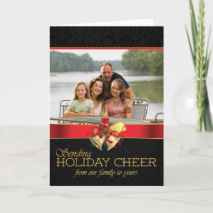Elegant black red gold holiday cheer photo card