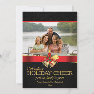 Elegant black red gold holiday cheer photo card