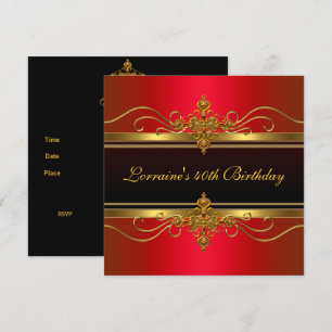 Elegant Black Red Gold Jewel 40th Birthday Invitation
