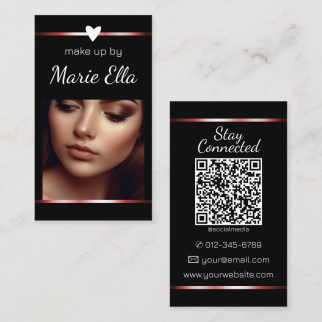 Elegant Black Red Heart Photo QR Code Template  Business Card (Front/Back)