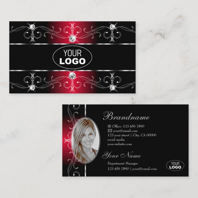 Elegant Black Red Ornate Borders Jewels Logo Photo Business Card (Front/Back)