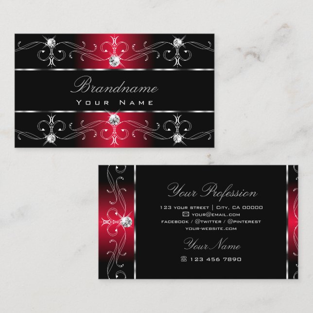 Elegant Black Red Ornate Borders Jewels Ornaments Business Card (Front/Back)
