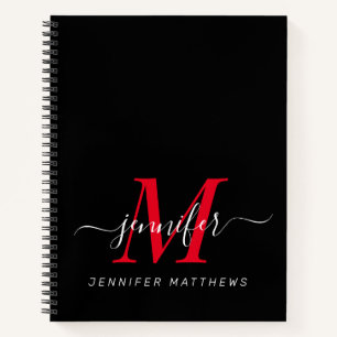 Elegant Black Red Personalised Monogram Name Notebook