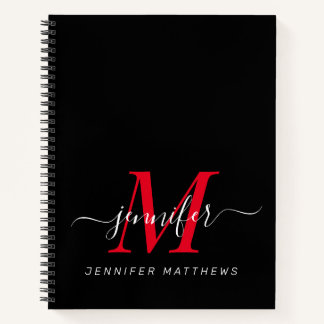 Elegant Black Red Personalised Monogram Name Notebook