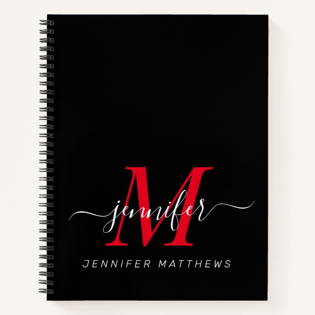 Elegant Black Red Personalised Monogram Name Notebook (Front)
