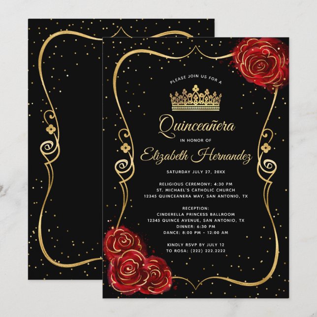 Elegant Black Red Rose and Gold Quinceanera Invitation (Front/Back)
