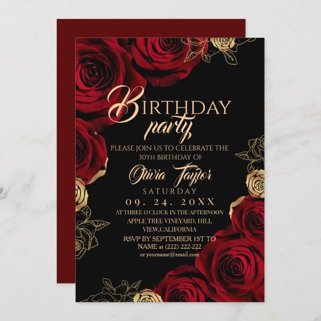 Elegant Black Red Rose Birthday Party Invitation (Front/Back)