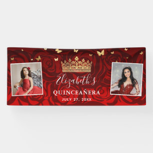 Elegant Black Red Rose Gold Birthday Quinceanera Banner