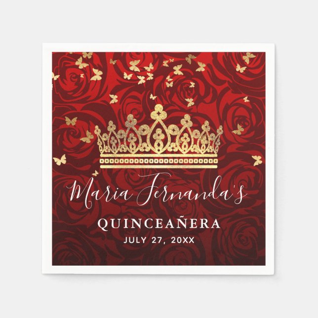 Elegant Black Red Rose Gold Crown Quinceanera Napkin (Front)