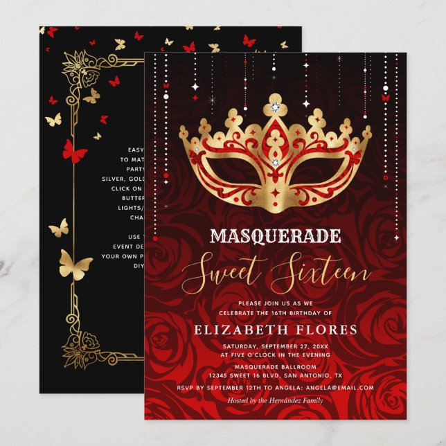 Elegant Black Red Rose Gold Masquerade Sweet 16 Invitation (Front/Back)