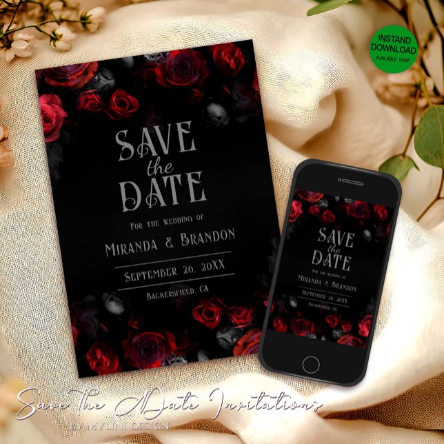 Elegant Black Red Roses Floral Save The Date (Creator Uploaded)