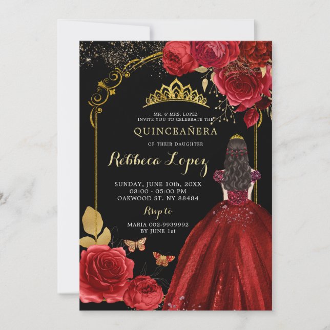 Elegant Black Red Roses Princess XV Años Invitation (Front)