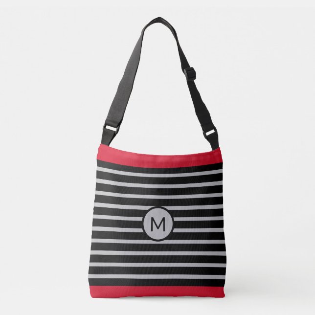 Elegant Black, Red & Silver Striped Crossbody Bag (Front)