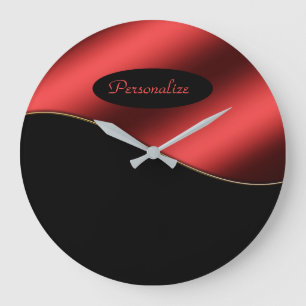 Elegant Black Red Stylish Wave Design Personalise Large Clock