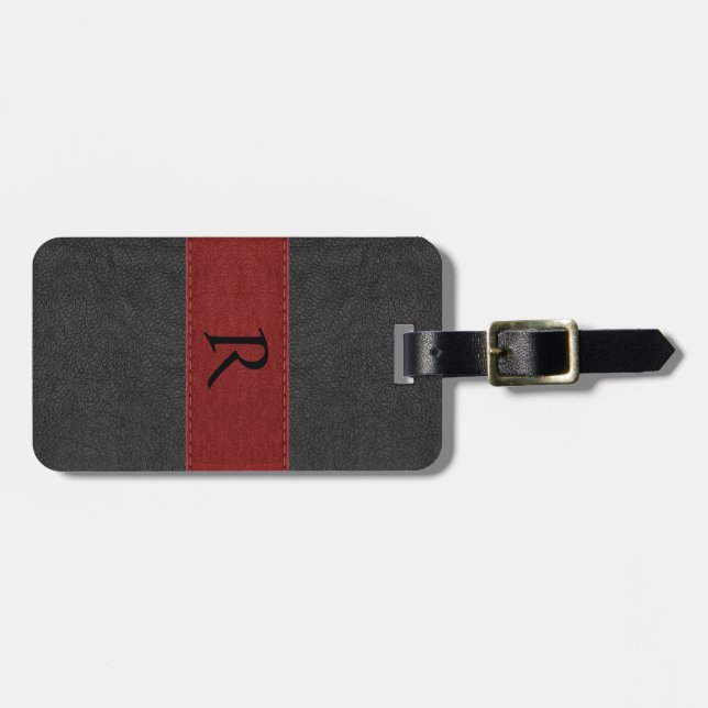 Elegant Black & Red Vintage Leather Luggage Tag (Front Horizontal)